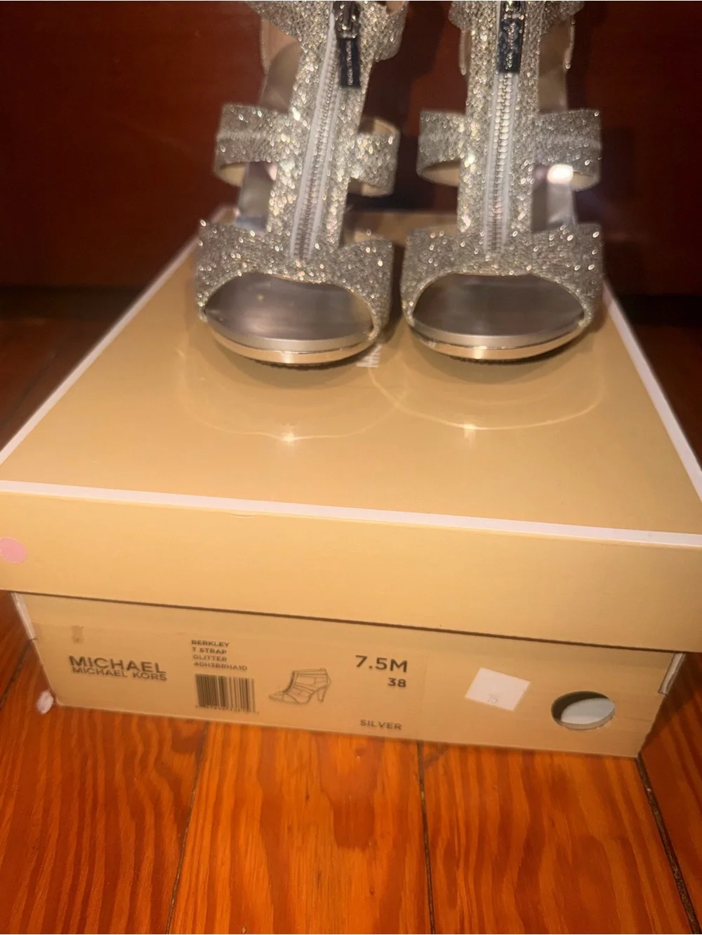 MICHAEL Michael Kors Silver Glitter T-Strap Heeled Sandals
